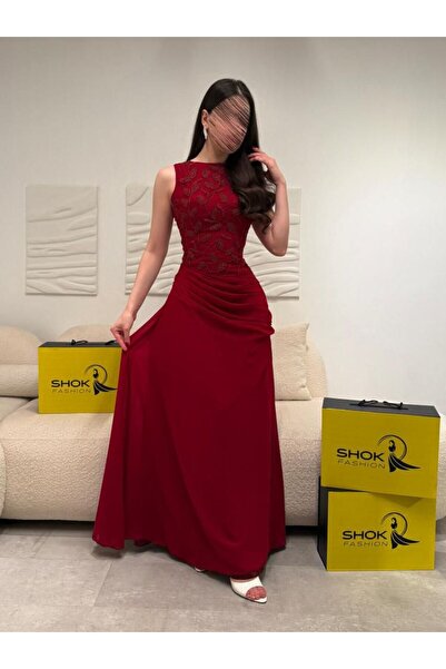 VELORA Embroidered Burgundy Dress