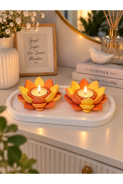 BUBUHOMEDECOR Turuncu Lotus Çiçeği 2’li Dekoratif Tealight Mumluk Seti