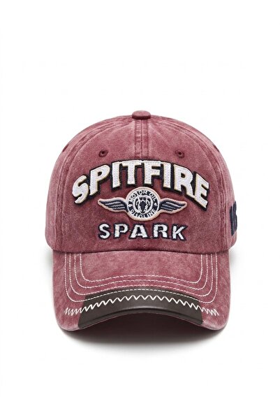 Unisex Bordo Vintage Eskitme "Spitfire Spark" Nakışlı Detaylı Kep Şapka