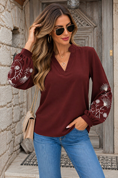 moda wanilia Women's V-Neck Long Sleeve Balloon Sleeve Floral Embroidered Cuf...