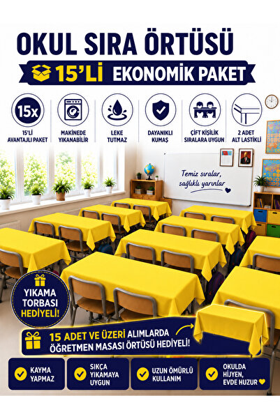 GÜLHOME 15'Li Okul Sıra Örtüsü Lastikli A kalite kumaş Leke Tutmaz
