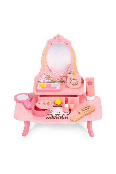 Ecotoys Детска тоалетка, дървена, с огледало, чекмедже, 7 аксесоара, розова K...