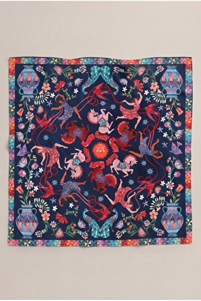 viki concept Lacivert Kırmızı Masal Ormanı Atları Desen Fular Bandana 50x50 Cm