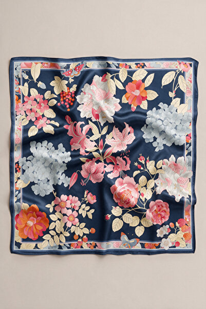 viki concept Lacivert Pembe Çiçek Bahçesi Desen Fular Bandana 50x50 Cm