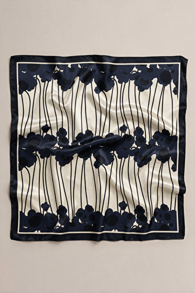 viki concept Siyah Ekru Çizgisel Çiçek Desen Fular Bandana 50x50 Cm