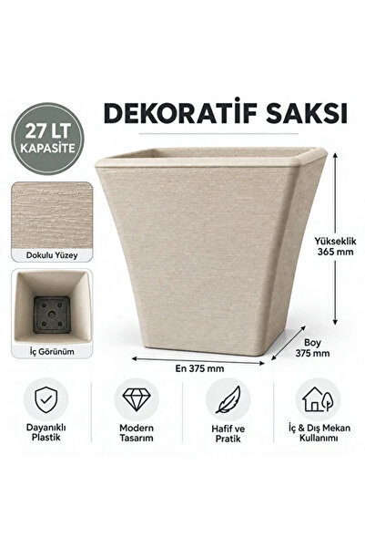 poliva home Dekoratif Kare 27 Litre Saksı Dokulu Büyük Boy Plastik Saksı İç ve Dış Mekan Saksı 37,5x37,5x36,5 cm