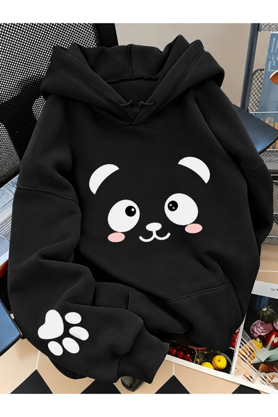 EURO CODE Panda Baskılı Kapüşonlu Oversize Sweatshirt