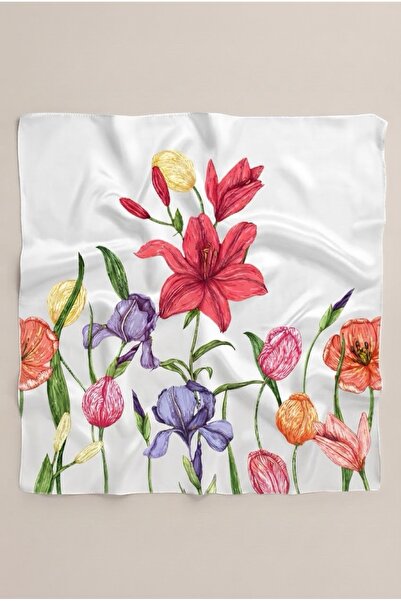 viki concept White Colored Spring Flowers Patterned Scarf Bandana 50X50 cm