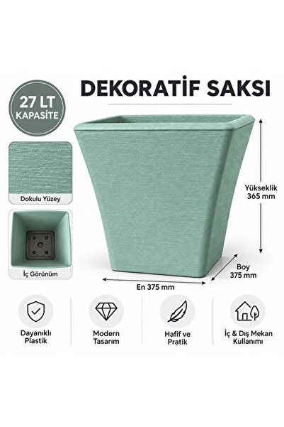 poliva home Dekoratif Kare 27 Litre Saksı Dokulu Büyük Boy Plastik Saksı İç ve Dış Mekan Saksı 37,5x37,5x36,5 cm
