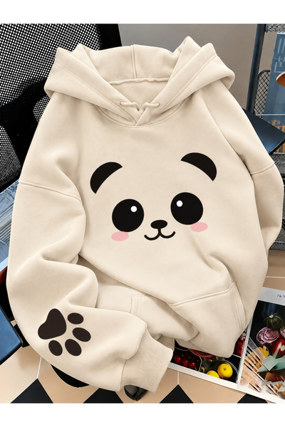 EURO CODE Panda Baskılı Kapüşonlu Oversize Sweatshirt