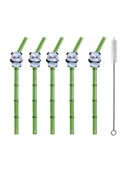 Choice Clear 5Straws 1Brush Bamboo Glass Straw Set with Cartoon Panda Decorat...