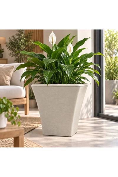 poliva home Dekoratif Kare 27 Litre Saksı Dokulu Büyük Boy Plastik Saksı İç ve Dış Mekan Saksı 37,5x37,5x36,5 cm
