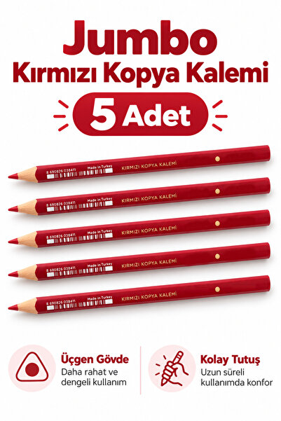 GÜZELYÜZ AVM 5 Adet Jumbo Üçgen Gövde Kırmızı Kopya Kalemi Kolay Tutuş Uzun Süreli Kullanım Adel