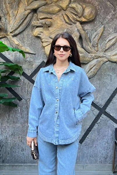 sunfyre Stone Embellished Double Pocket Denim Jacket Shirt Sun499