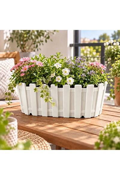 poliva home Dekoratif Çit Tasarımlı Saksı 3 LT 29,5x13x11 cm Drenajlı Plastik Balkon Saksısı İç ve Dış Mekan Saksısı