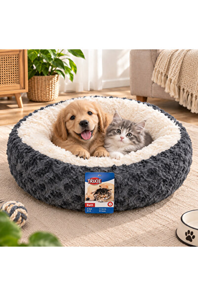 TRIXIE 50 cm Yuvarlak Peluş Kedi Köpek Yatağı Antrasit Krem – Yumuşak Dolgulu Donut Yatak