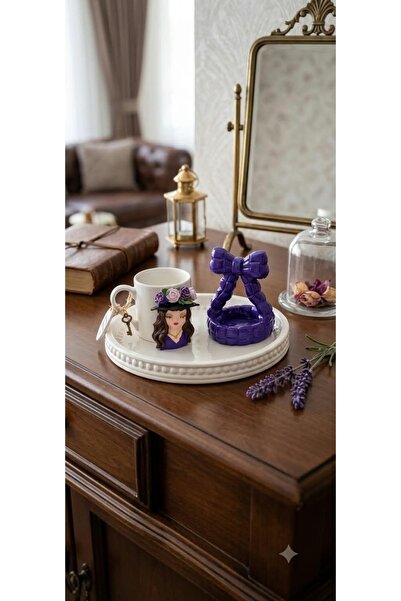 Dekor köşesi Handmade Cup and Presentation Set with Purple Bow and Female Fig...