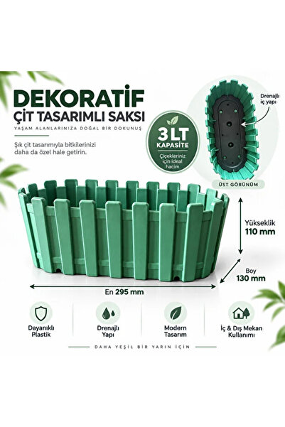 poliva home Dekoratif Çit Tasarımlı Saksı 3 LT 29,5x13x11 cm Drenajlı Plastik Balkon Saksısı İç ve Dış Mekan Saksısı