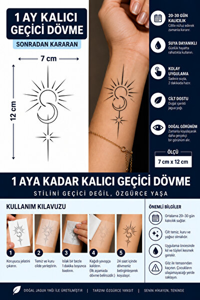 TattooLiva 1 Ay Kalıcı 24 Saat Sonra Kararan 7x12 cm Orta Boy Güneş Ay yıldız...