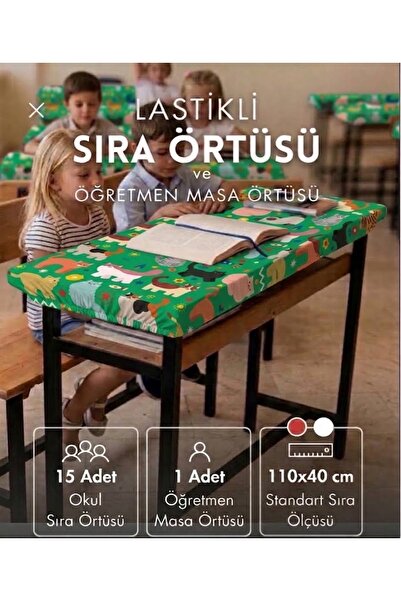 KEDİ Sevimli Desenli Lastikli Sıra Örtüsü ve Öğretmen Masa Örtüsü Seti 15 sır...