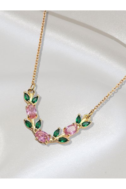 Duiwerlis Women's Zircon Stone Tulip Flower Necklace Gold Color with Steel Chain Elegant Stylish Design Gift