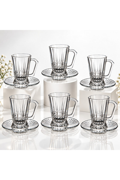 Dania 12Pcs Luxury French Glass Tea Cup Set 🇫 🇷 | 6 Glass Tea Cups with Handle + 6 Saucers | Transparent Shining Glass Crystal Style Glassware for Hospitality