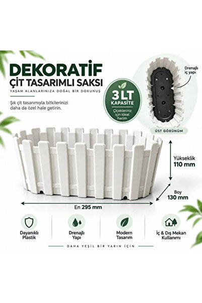 poliva home Dekoratif Çit Tasarımlı Saksı 3 LT 29,5x13x11 cm Drenajlı Plastik Balkon Saksısı İç ve Dış Mekan Saksısı