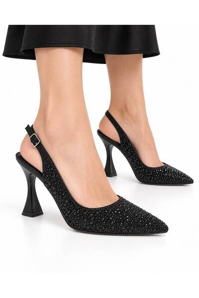 YADE MODA Black Pearl and Stone Detailed Pointed Toe Open Back Stone Heeled E...