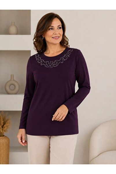Gokco Women's Purple Color Stone-Embellished Blouse Long Sleeve