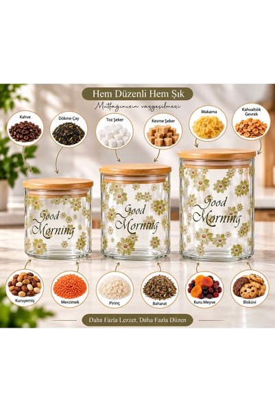 Aşkana yuvanıza aşkla... 3-Piece Daisy Patterned Glass Jar Set, Bamboo Vacuum Lid, Tea Coffee Sugar Food Storage Container, 3 Different Sizes