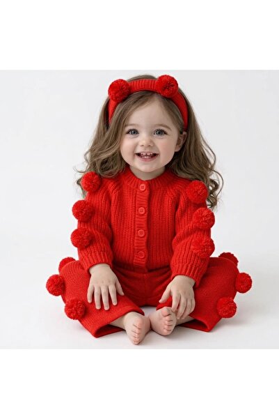CUBBUX Kız Çocuk&Bebek Kışlık Ponpon Takım Pantolon&Kazak Takımlı 3'lü Set