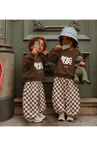 hety Cow Printed Checkered Brown Unisex Children's Top and Bottom Set