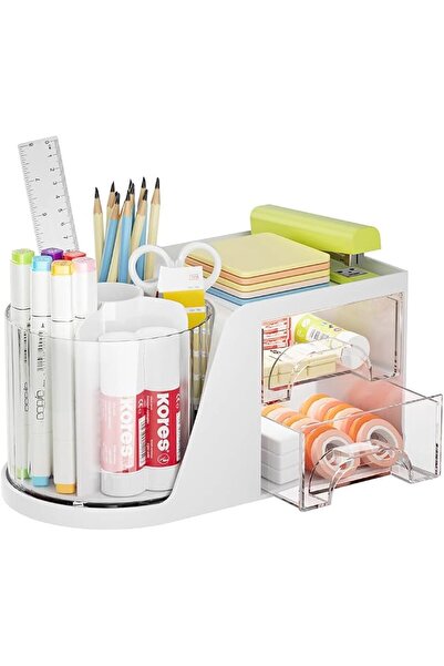 HASTHIP ® Desk Organizer Box with 2 Drawers, 360° Rotating Pen Holder, Statio...