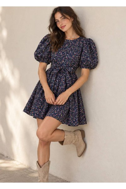 LinichandCo Rosalie Floral Patterned Balloon Sleeve 100% Cotton Mini Dress