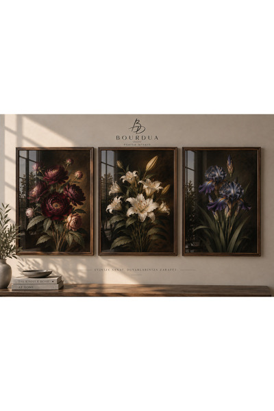 Bourdua Design Vintage Botanik Çiçek 3’lü Çerçeveli Duvar Tablosu Seti | Salo...