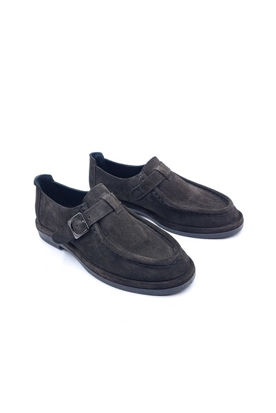 RACHELMILANO Genuine Suede Leather Belted Buckle Women's Dark Anthracite Smoked Color Daily Comfort Shoes