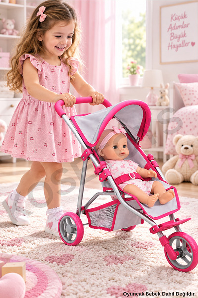 Oyuncak Bebek Arabası Katlanabilir Sağlam 3 Teker 55 cm Tenteli Gölgelikli