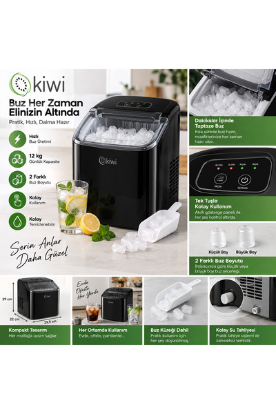 Kiwi KIM-4792 Siyah Buz Yapma Makinesi 12 Kg Kapasiteli