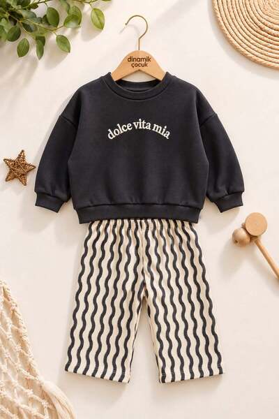 dinamik çocuk Erkek Bebek Dolce Vita Nakışlı Sweatshirt Dalga Desenli 2'li Al...