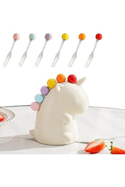 TERRIFI Set of 6 Stainless Steel Fruit Forks with 1 Cute Unicorn Holder – Mul...