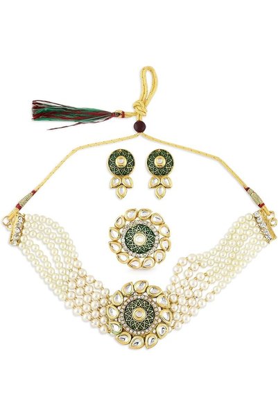 ZAVERI PEARLS طقم مجوهرات نسائي جديد: قلادة خناق كوندان متعددة الطبقات من الل...