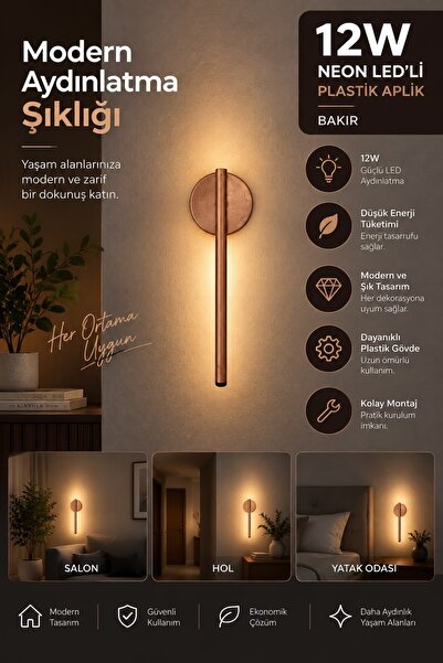 PekersaElektrikaydınlatma 12W Neon LED’li Plastik Aplik – Bakır Renk Modern D...