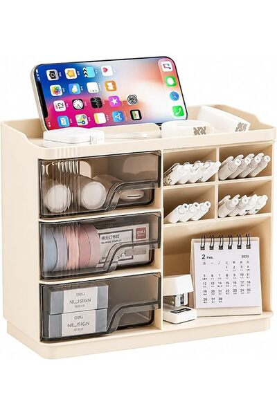 DHB tech 23.2x11x19.4cm Desk Organizer with 3 Clear Drawers and Pen Holder, H...