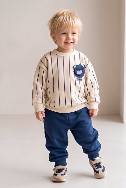 Babymod Baby Boy Striped Cream Sweatshirt with Teddy Bear Figure and Dark Blu...