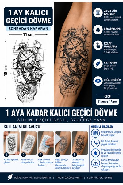 TattooLiva 1 Ay Kalıcı 24 Saat Sonra Kararan 11x18 cm Büyük Boy Pusula saat ç...
