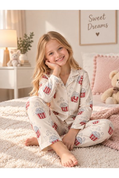 Novella18 Girl's Patterned Buttoned Milan Fabric Long Sleeve Pajama Set