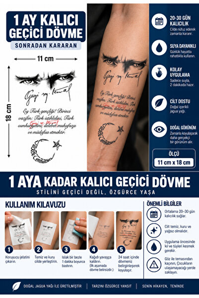 TattooLiva 1 Ay Kalıcı 24 Saat Sonra Kararan 11x18 cm Büyük Boy Gençlige Hita...