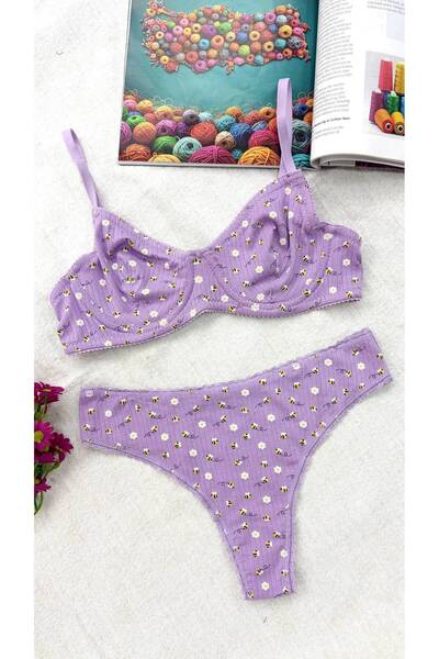 Sevimli Desenli Kaşkorse Telli Bralet & Tanga İkili İç Çamaşırı Takımı