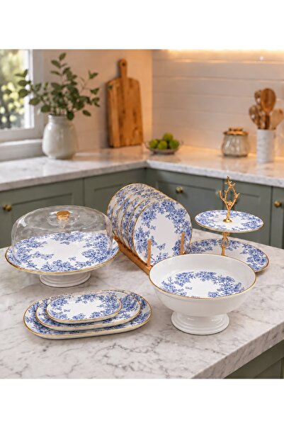 Pinkev Blue Floral Patterned 13 Piece Ceramic Cake Presentation Plate Set