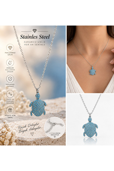stainles steel Deniz Kaplumbağası Model Kadın Kolye Gümüş Renk Paslanmaz Çeli...